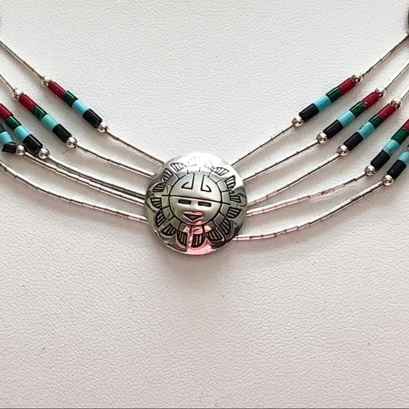 Vintage Native American Sterling Silver Gem Bead Kachina Medallion Necklace